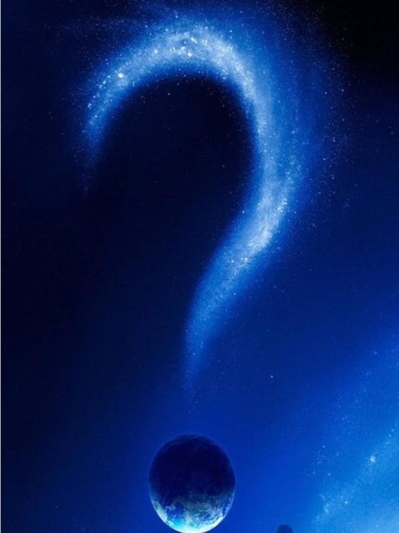 May include: A blue question mark made of stars against a dark blue background with a blue planet at the bottom.