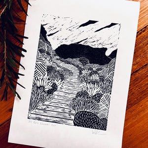 Mt Field National Park Lino Print - Landscape Linoprint - Australia bush art -  Original Handprinted Lino Print