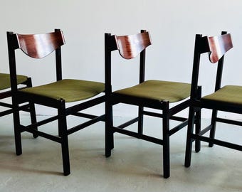 Set of 6 Vintage Italian MCM Dining Chairs / 1960s Bentwood Backrests & Green Textured Upholstery/ Atributed to Gianfranco Frattini
