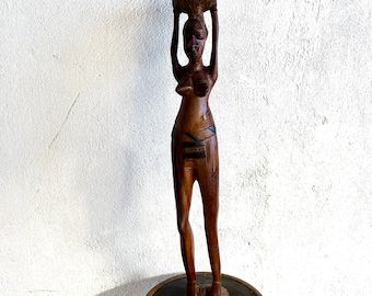 Vintage Wooden Statue of African Women/ Folk Art / 1980s