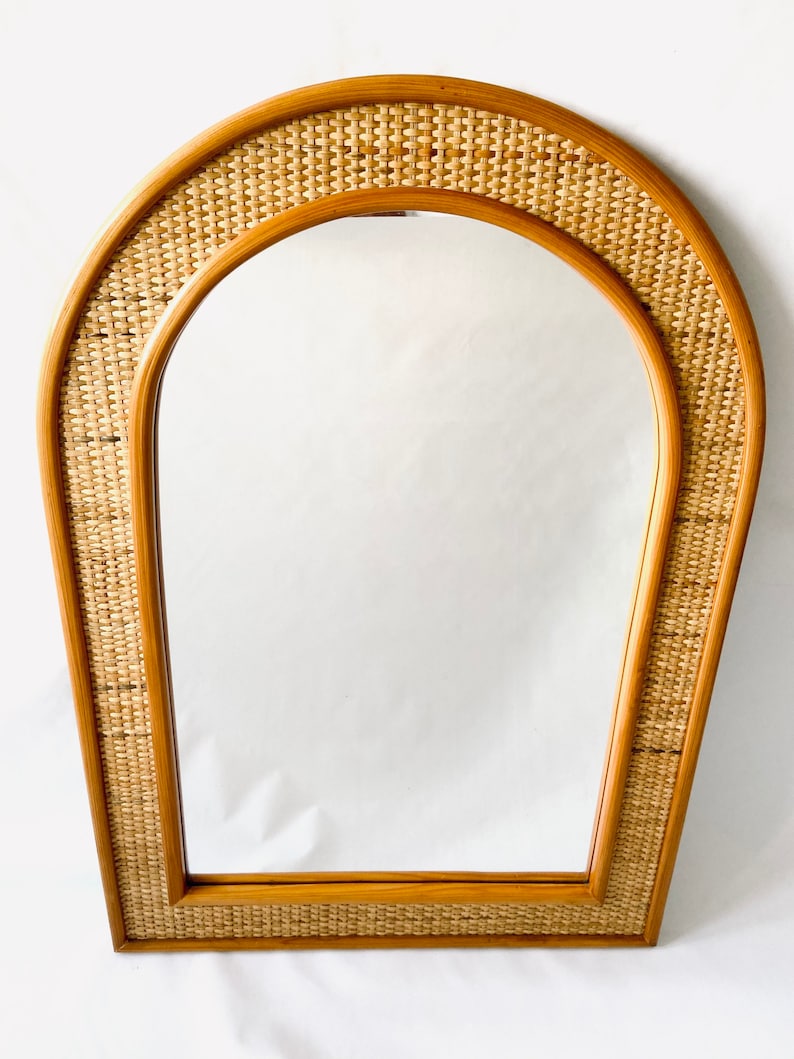 Large Vintage Wooden Rattan Mirror / 1980s / Vintage / U Shaped image 7