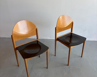 Set of 2 Italian Dining Chairs / Natural Beech & Dark Green Two-Tone Geometric Chairs / Postmodern Half-Moon Backrest
