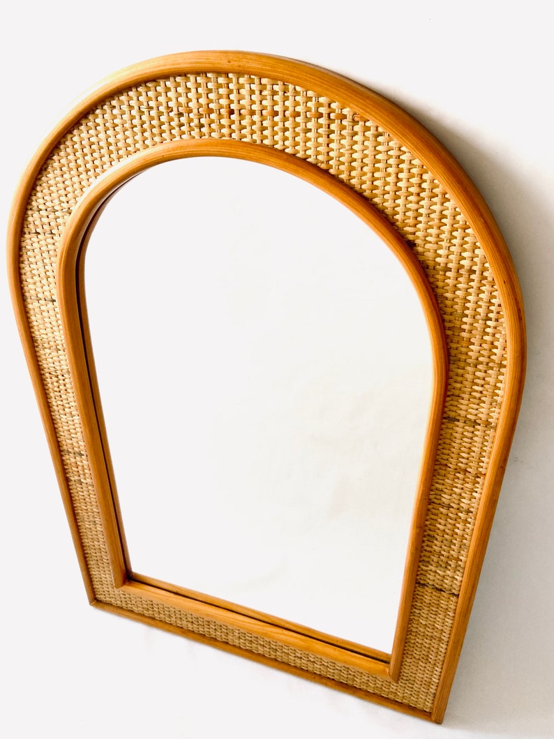 Large Vintage Wooden Rattan Mirror / 1980s / Vintage / U Shaped image 9