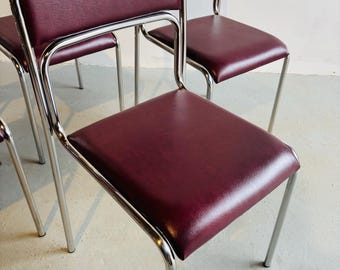 Vintage chromen Bauhaus-stoelen / modernistische eetkamerstoelen / jaren 90 / bordeauxrode bekleding