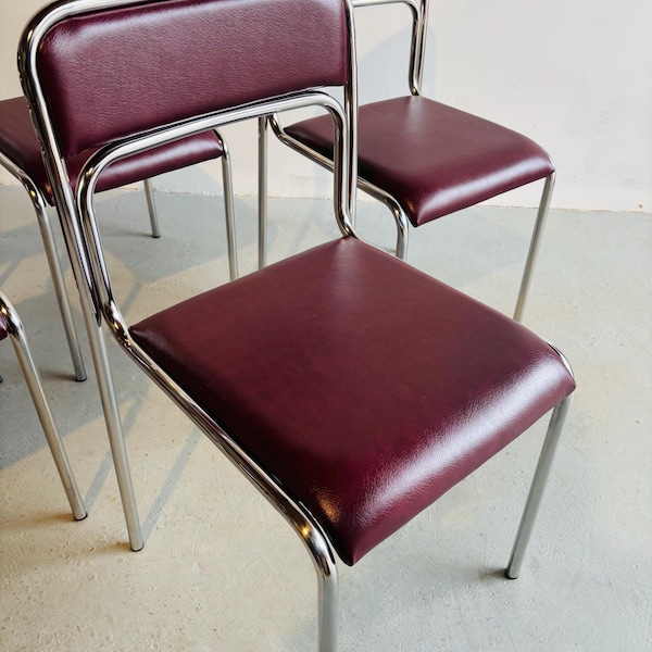 Vintage Bauhaus Chrome Chairs / Modernist Dining Chairs/ 1990s/ burnt burgundy upholstery