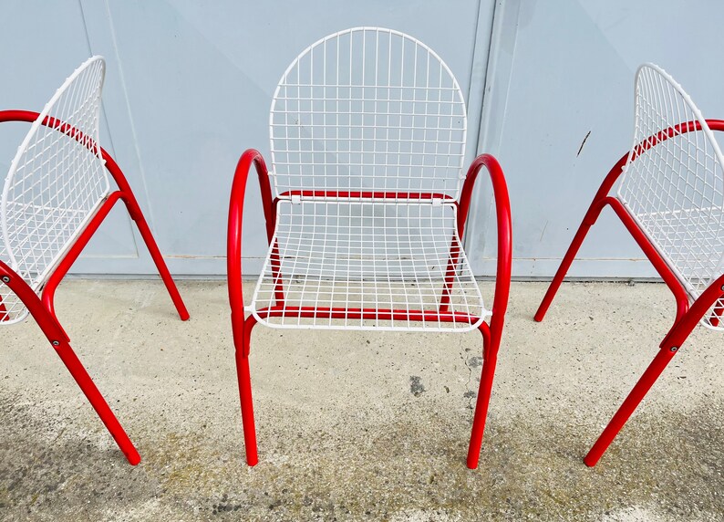 1 of 3 Vintage Red & White Metal Garden Chairs / Meblo / Dining / Garden Chairs / Pop Art / Memphis Design / Yugoslavia / 1980s image 8