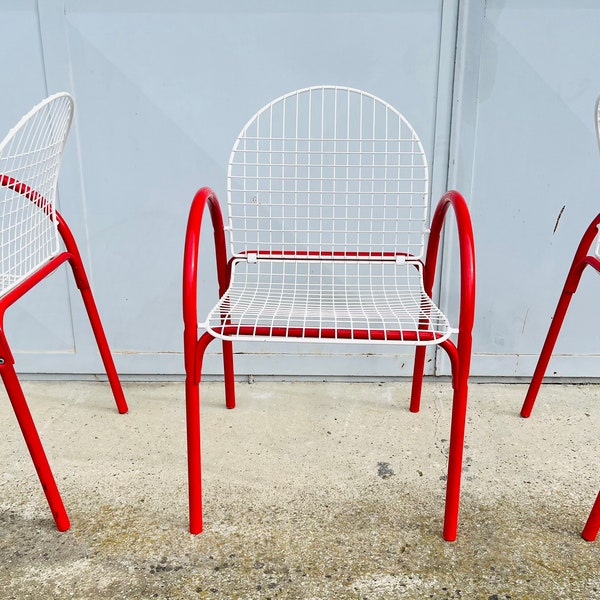 1 of 3 Vintage Red & White Metal Garden Chairs / Meblo / Dining / Garden Chairs / Pop Art / Memphis Design / Yugoslavia / 1980s