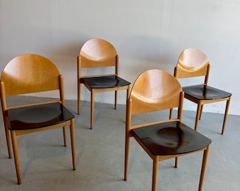 Set of 4 Italian Dining Chairs / Natural Beech & Dark Green Two-Tone Geometric Chairs / Postmodern Half-Moon Backrest