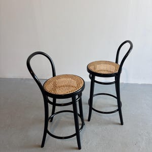 Set of 2 Vintage Thonet Bentwood Style Wood and Cane Bar Stools / Vintage Wooden Bar Chairs / Club Chairs / New Rattan