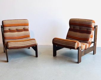 Set of 2 | Vintage 1970s Mid-Century Modern Lounge Chairs with Striped Fabric Upholstery & Dark Wood Frame