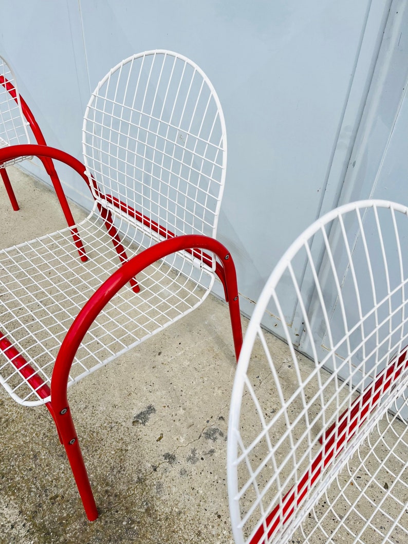 1 of 3 Vintage Red & White Metal Garden Chairs / Meblo / Dining / Garden Chairs / Pop Art / Memphis Design / Yugoslavia / 1980s image 2