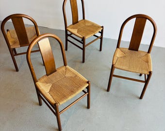Set of 4 Vintage Italian Dining Chairs | "Thalia" by Annig Sarian | 1970s MCM Bentwood & Rush Seating | Minimalist Postmodern Dining Set