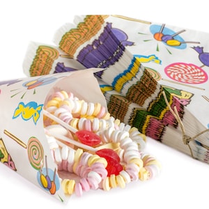 50 Spitztüten "Bonbons", Papiertüten, Papierspitztüten, Kindergeburtstag, Karneval Fasching Sweets für ca. 150 g