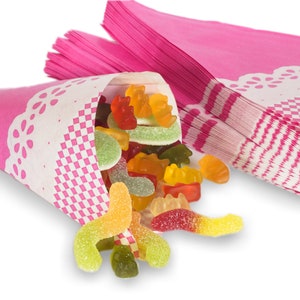 50 Stück Spitztüten Papierspitztüten Papiertüten in Pink mit Caromuster/Bordüren-Motiv