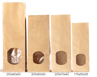 25 Teetüten, Blockbodenbeutel mit Fenster, inkl. Verschlussstreifen, Kraftpapiertüten, Verpackung für Kaffee, Tee, Süßigkeiten DIY Geschenke
