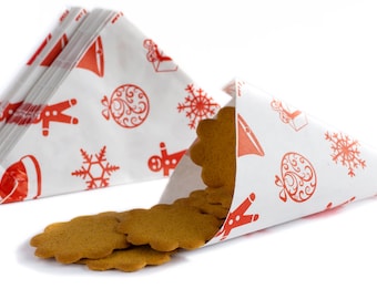 50 rote Spitztüten Weihnachten, Glöckchen, Tannenbaum, Geschenk, Gingerbread