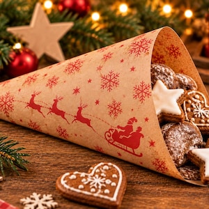 Könnte beinhalten: Eine beige Papiertüte mit rotem Schneeflockenmuster und einer Silhouette des Weihnachtsmanns im Rentierschlitten, gefüllt mit braunen Lebkuchen in Stern- und Herzform, verziert mit weißem Zuckerguss und einer Schicht Puderzucker.