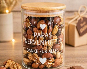Vatertag - Papas Nervenfutter, Geschenk für Papa, Geschenkidee Vatertag, Vorratsglas mit Deckel, Snackglas mit Holzdeckel, Geschenkidee Papa