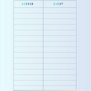 Puede incluir: Un recibo de invitado azul y blanco con las palabras "Guest Check" en la parte superior. El recibo está dividido en dos columnas etiquetadas como "SERVER" y "GUEST". La parte inferior del recibo dice "THANK YOU! VISIT AGAIN".