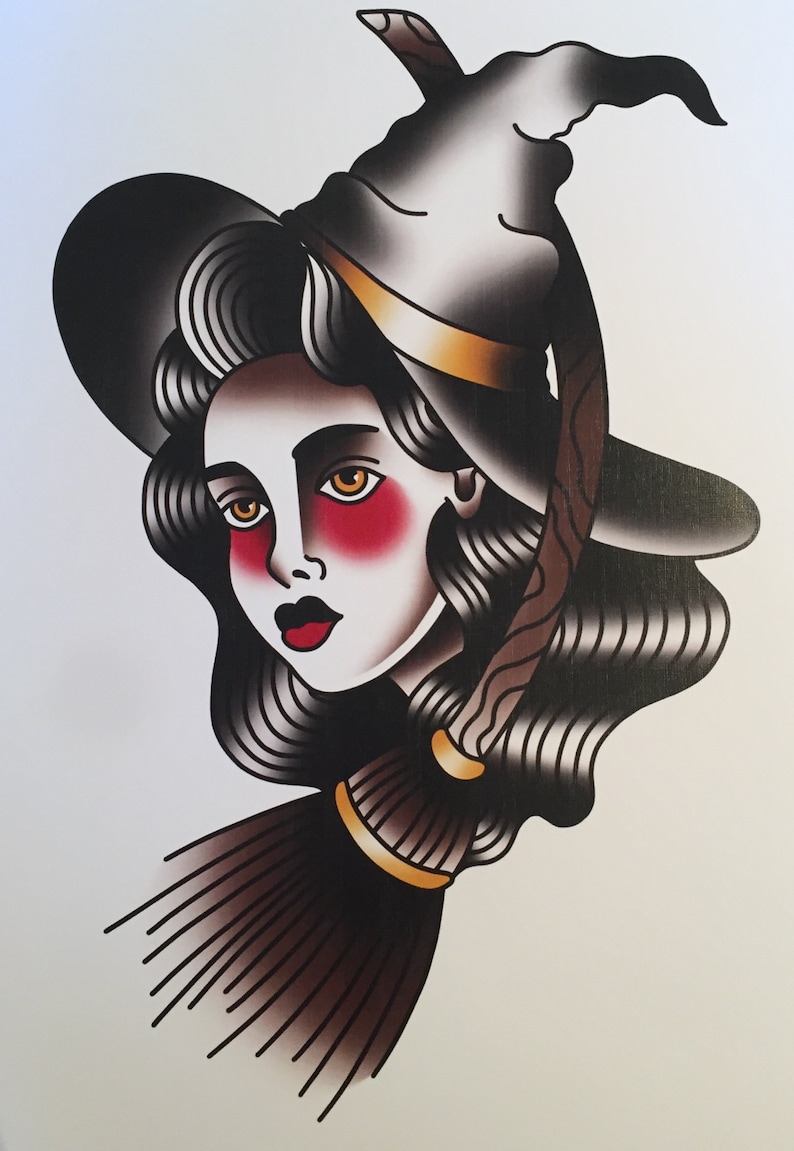 Traditional Witch Tattoo Print | Etsy