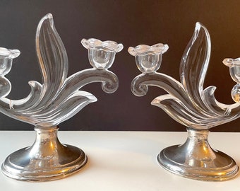 Pair HAWKES Sterling Flame Lead Crystal Candelabra