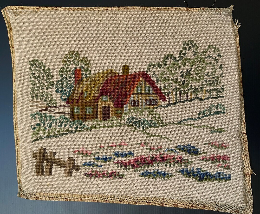 Vintage Needlepoint thatched Roof Cottage 17 X 15 Etsy