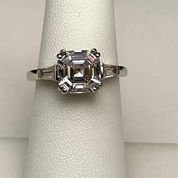 Asscher Cut 2 CT CZ Sterling Silver Ring with Side Baguettes - Size 7