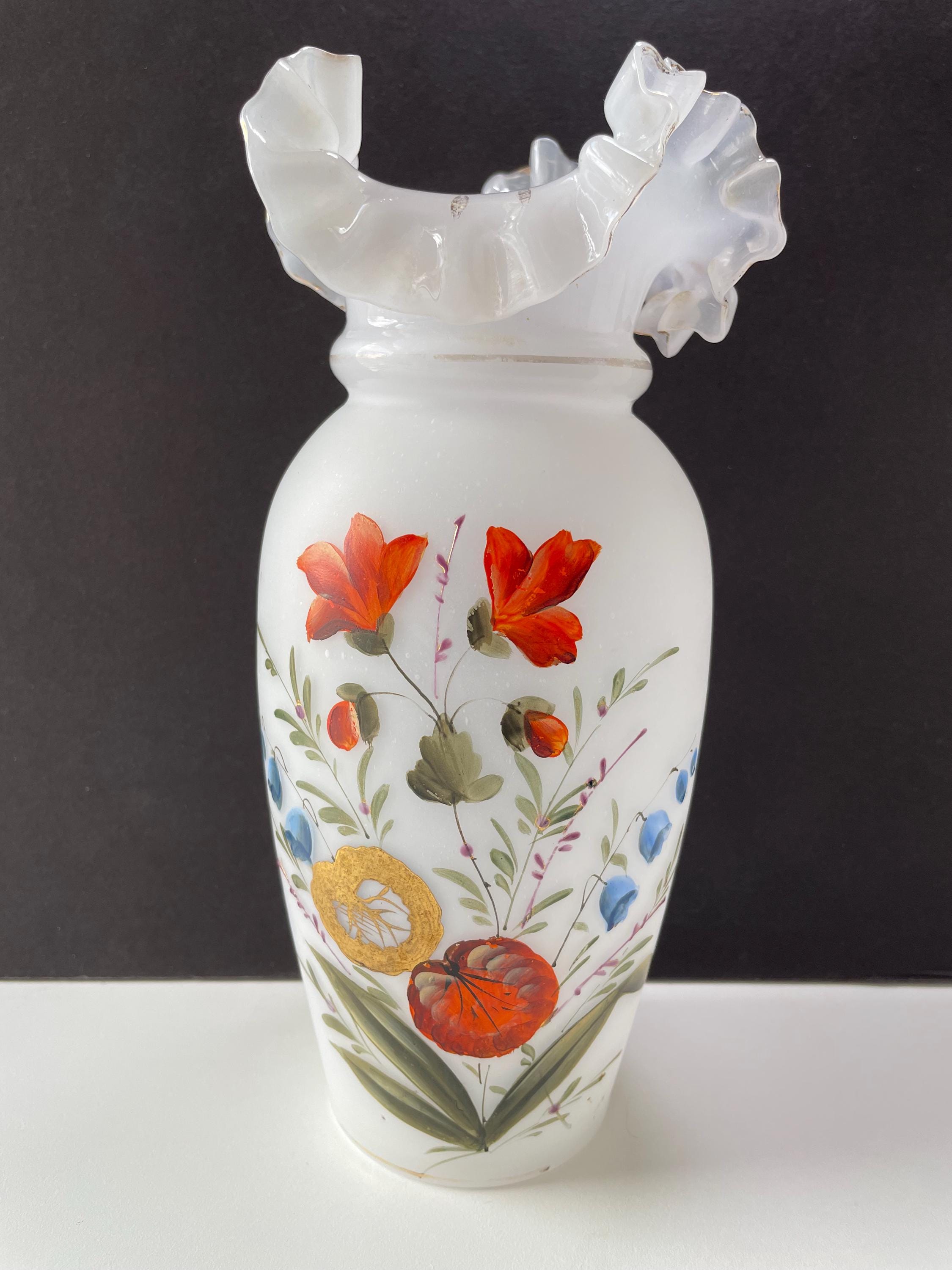Antique Hand Painted White CLOUDY OPALINE Glass Vase - Made in ENGLAND | 9" H