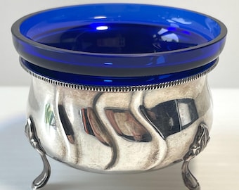 HANS JENSEN Silverplate Open SALT - Cobalt Glass Insert - Denmark
