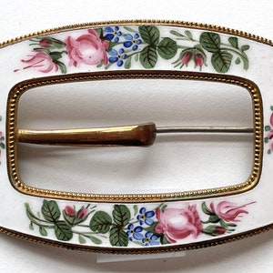 Victorian Antique C-Clasp Buckle-Style Sash Brooch/Pin - Hand Painted Florals