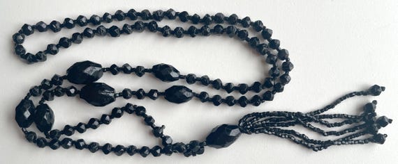 Antique Black Glass Bead Tassle Pendant Necklace - 18" Drop