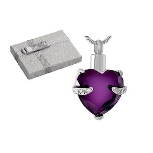 ashes urn cremation jewellery pendant Purple heart keepsake memorial necklace locket with gift box, funnel fill kit and snake chain