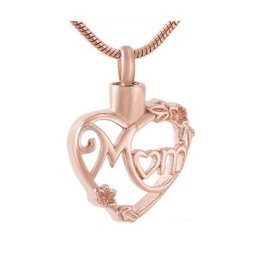 CREMATION JEWELLERY Mom Rose Gold ashes urn pendant keepsake Mum Heart memorial necklace locket charm, ash funnel fill kit & snake chain