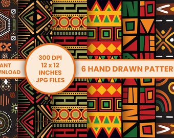 May include: Six hand-drawn digital paper patterns in a tribal style with geometric shapes and bold colors. The patterns are 12 inches by 12 inches and 300 DPI.