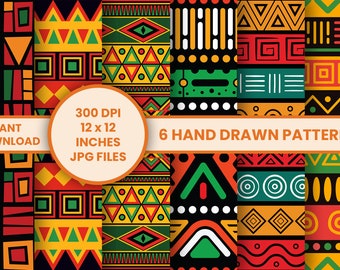 Puede incluir: Seis patrones de papel digital con diseños geométricos dibujados a mano en rojo, amarillo, verde, negro y blanco. Los patrones miden 30,48 cm por 30,48 cm y 300 DPI.