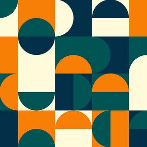 Op de afbeelding: Abstract geometrisch patroon met een herhalend ontwerp van cirkels, halve cirkels en vierkanten in tinten oranje, groen en blauw.