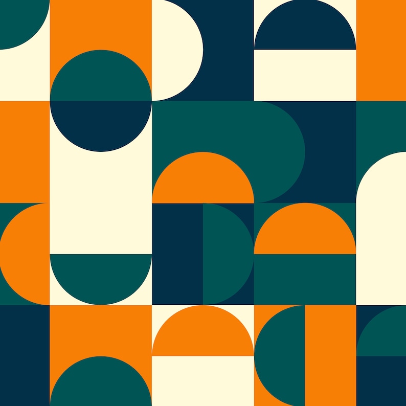 Op de afbeelding: Abstract geometrisch patroon met een herhalend ontwerp van cirkels, halve cirkels en vierkanten in tinten oranje, groen en blauw.