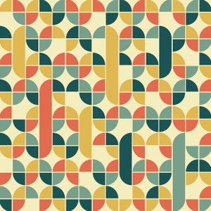 Op de afbeelding: Een naadloos patroon met een retro geometrisch ontwerp. Het patroon heeft een repeterend motief van cirkels, halve cirkels en rechthoeken in tinten teal, geel, oranje en rood op een cr&egrave;mekleurige achtergrond.