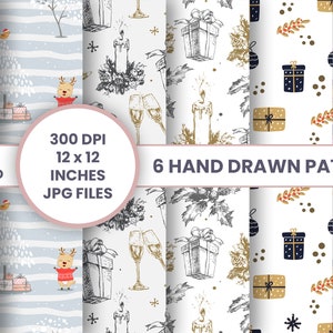 6 Hand Drawn Christmas Patterns | Christmas Wrapping Paper | Printable Digital Paper Pack | Digital Christmas Wrap