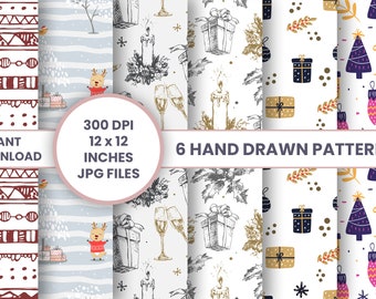 6 Hand Drawn Christmas Patterns | Christmas Wrapping Paper | Printable Digital Paper Pack | Digital Christmas Wrap