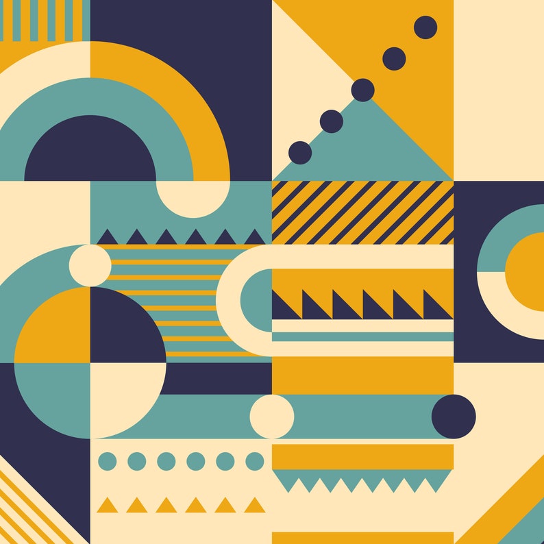 Op de afbeelding: Abstract geometrisch patroon met een mix van gele, blauwe, witte en zwarte vormen. Het ontwerp bevat cirkels, vierkanten, driehoeken en strepen.