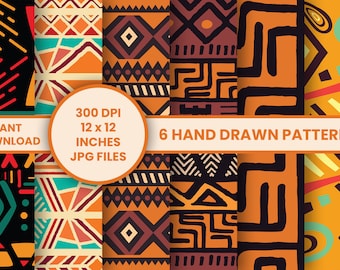 May include: Six hand-drawn digital patterns in a variety of geometric designs. The patterns are in shades of orange, yellow, brown, black, red, and blue. The patterns are 12 x 12 inches and 300 DPI. Instant download JPG files.
