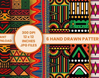 May include: Six colourful, hand-drawn, geometric patterns in a repeating design. The patterns are in shades of red, yellow, green, blue, black, and white. The patterns are 12 x 12 inches and 300 DPI JPG files.  "6 HAND DRAWN PATTERNS" and "INSTANT DOWNLOAD" are written on the image.