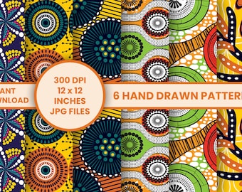 Puede incluir: Seis patrones sin costuras dibujados a mano en colores vibrantes, con formas geométricas y diseños abstractos. Los patrones son de 12 x 12 pulgadas y 300 DPI, perfectos para proyectos digitales.