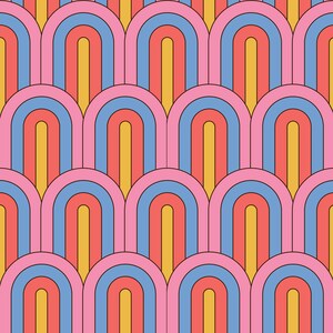 Op de afbeelding: Een naadloos patroon met overlappende bogen in tinten roze, rood, blauw en geel. De bogen zijn gerangschikt in een herhalend patroon, waardoor een visueel aantrekkelijk geometrisch ontwerp ontstaat.