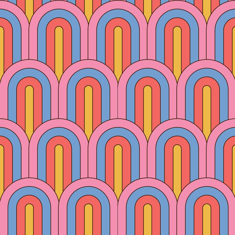 Op de afbeelding: Een naadloos patroon met overlappende bogen in tinten roze, rood, blauw en geel. De bogen zijn gerangschikt in een herhalend patroon, waardoor een visueel aantrekkelijk geometrisch ontwerp ontstaat.