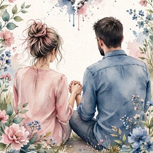 Könnte beinhalten: Eine Aquarellillustration von zwei Personen, die Rücken an Rücken sitzen und Händchen halten, umgeben von rosa und blauen Blumen. Darüber befindet sich eine zerbrochene Metallkette in Herzform. Der Text lautet: Rebuild Trust 7 DAYS TO OVERCOME JEALOUSY, SUSPICIONS, AND INSECURITIES IN YOUR RELATIONSHIP.