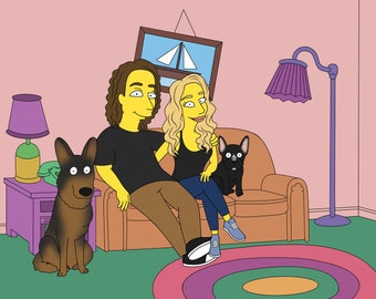 Simpson Character Portrait, simpson couple, yellow character portrait, gift for him, gift for boyfriend, cartoon portrait, couple portraits