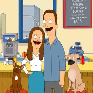 Cartoon couple portrait, cartoon illustration, 1st anniversary for wife, birthday gift for husband, commission art, portrait with pets