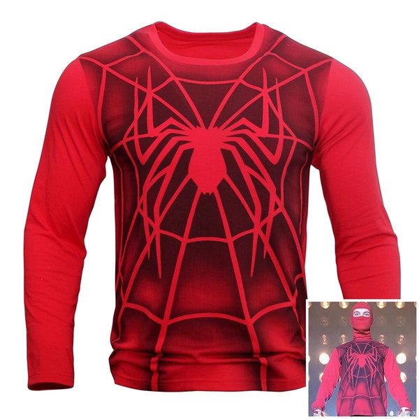 Chemise araignée humaine, tenue de combat Toby Spider-Man, T-shirt rouge à imprimé araignées, chemise à fond fin vêtements Spider-Man